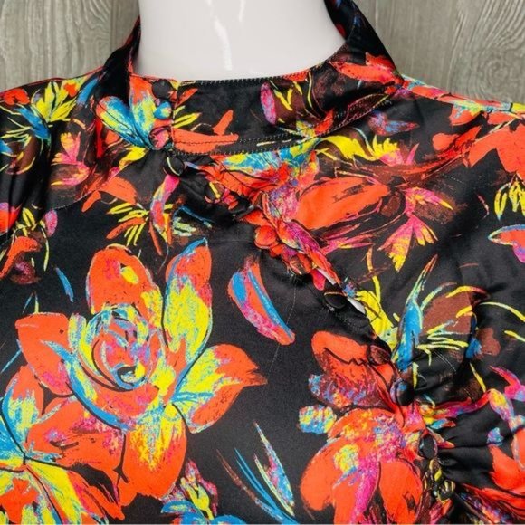 ASOS dusty Daze mini dress with high collar and clasps in dark floral print long - Picture 2 of 6